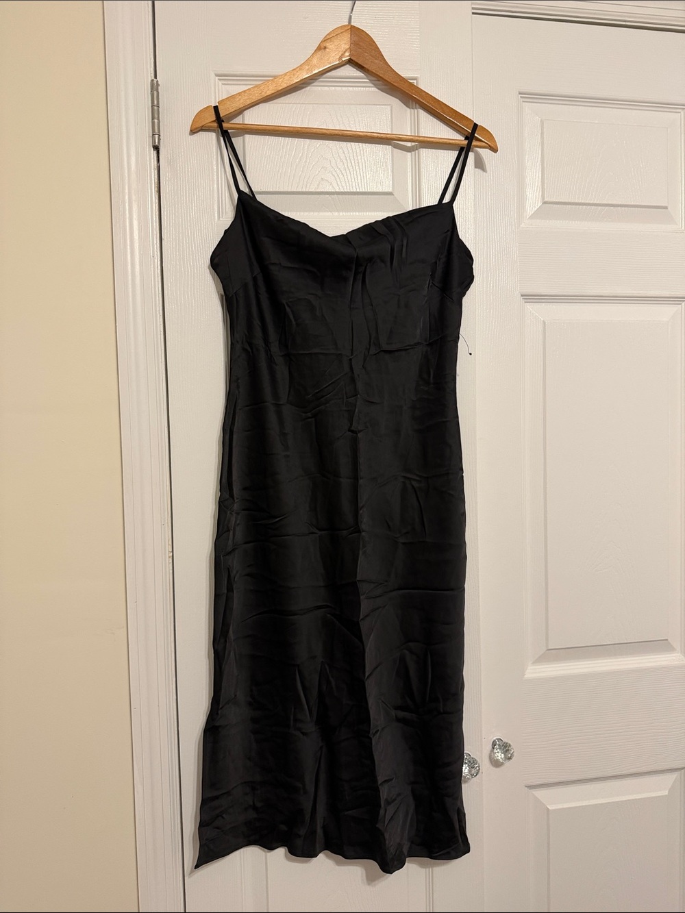 Express Black Satin Midi Slip Dress with Spaghetti Straps